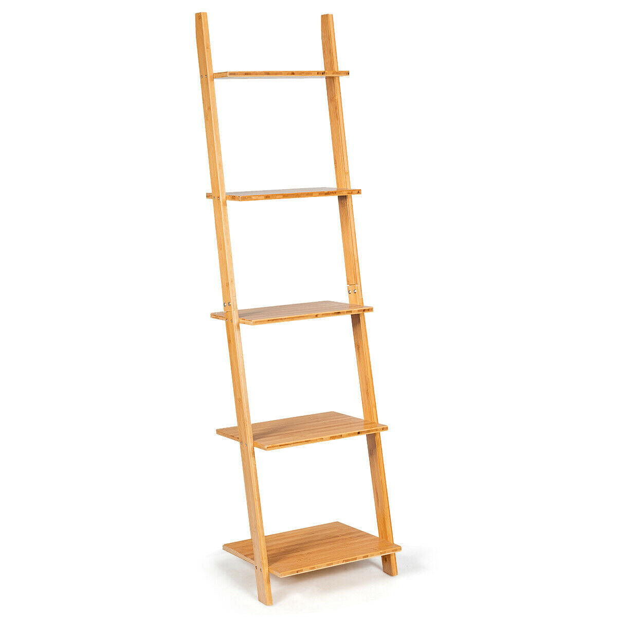 5-Tier Bamboo Ladder Plant Stand Leaning Bookshelf Display Shelf