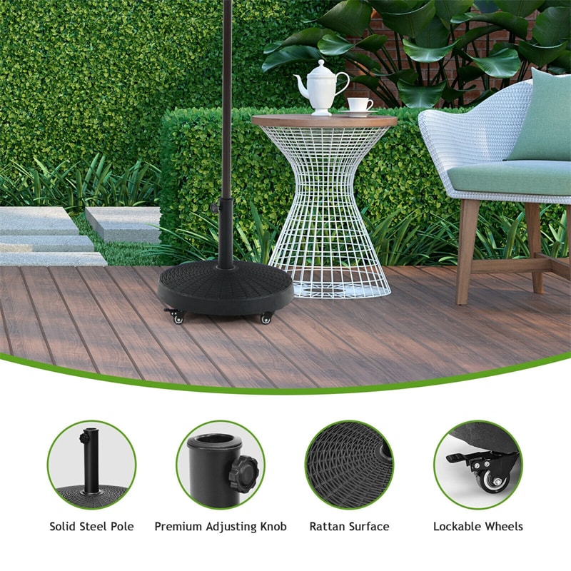 50 LBS Heavy Duty Patio Umbrella Stand 20" Round Wicker Style Resin Umbrella Base Umbrella Holder with 4 Lockable Wheels