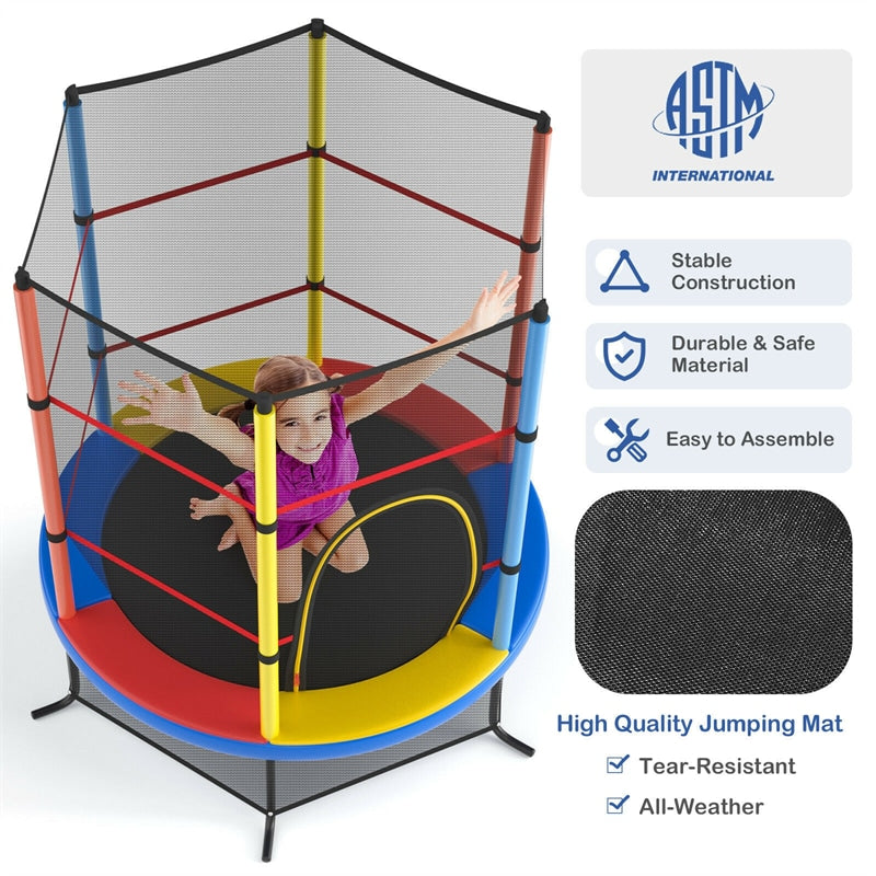 55" Round Kids Trampoline Outdoor Indoor Toddler Trampoline Bouncing Jumping Mat with Safety Enclosure Net