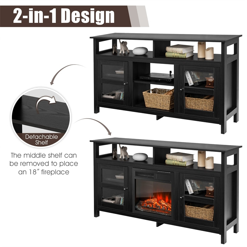 58" Fireplace TV Stand for TVs up to 65", Farmhouse Entertainment Center Wood Media Console with 2 Cabinets & 4 Shelves for 18" Fireplace