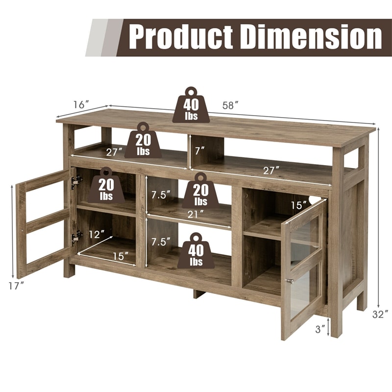 58" Fireplace TV Stand for TVs up to 65", Farmhouse Entertainment Center Wood Media Console with 2 Cabinets & 4 Shelves for 18" Fireplace