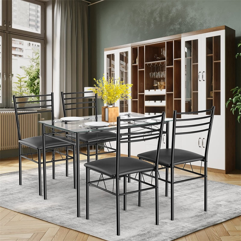 5 Piece Kitchen Dining Room Set Dining Table Set with Glass Tabletop & 4 Upholstered Chairs