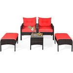 5 Pcs Rattan Patio Furniture Set Conversation Sofa Coffee Table Set with Cushioned Sofas & Ottomans