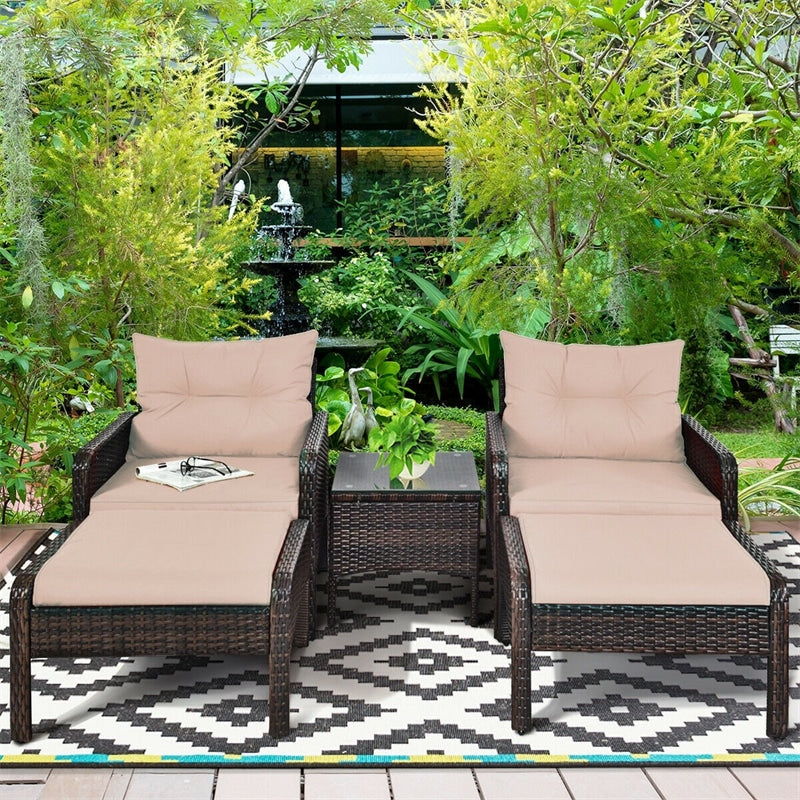 5 Pcs Rattan Patio Furniture Set Conversation Sofa Coffee Table Set with Cushioned Sofas & Ottomans