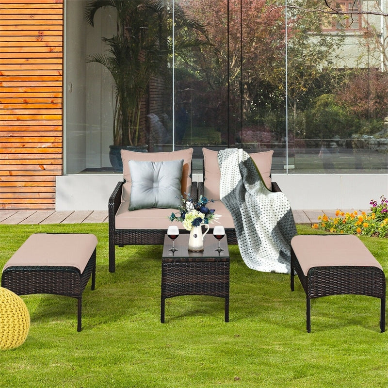 5 Pcs Rattan Patio Furniture Set Conversation Sofa Coffee Table Set with Cushioned Sofas & Ottomans