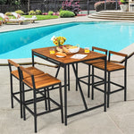 5 Piece Patio Rattan Bar Dining Furniture Set Acacia Wood Bar Height Bistro Set with Umbrella Hole & 4 Bar Stools