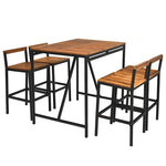 5 Piece Patio Rattan Bar Dining Furniture Set Acacia Wood Bar Height Bistro Set with Umbrella Hole & 4 Bar Stools