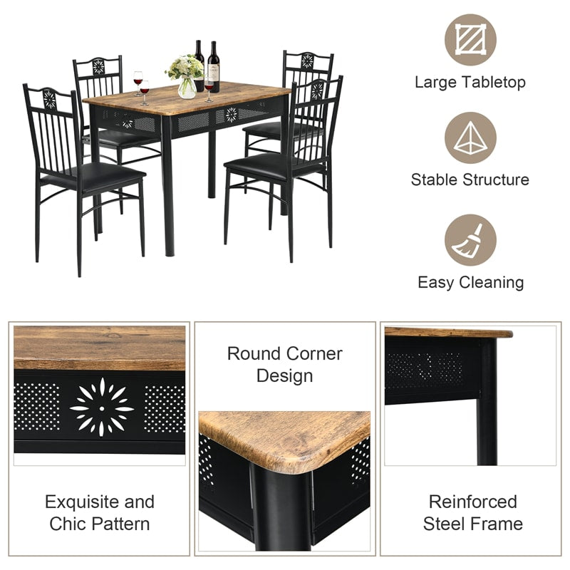 5 Piece Metal Dining Set with 4 Padded Chairs & Wood Top Dining Table, Vintage Kitchen Breakfast Furniture Set for Home Dining Room