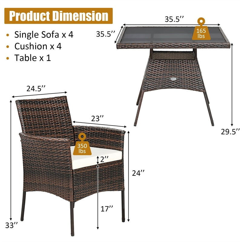 5 Piece Outdoor Rattan Dining Table Set with Tempered Glass Tabletop and 4 Cushioned Chairs