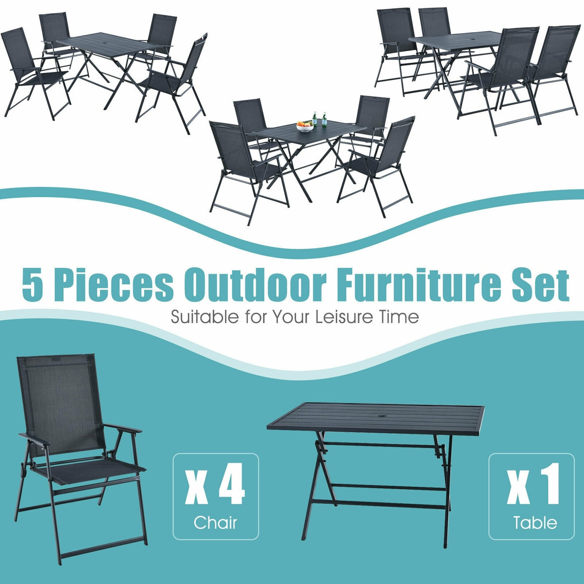 5 Piece Patio Dining Set Metal Frame Outdoor Folding Table with Mesh Fabric Armchairs & Umbrella Hole, No Assembly, Space-Saving Dining Furniture Set