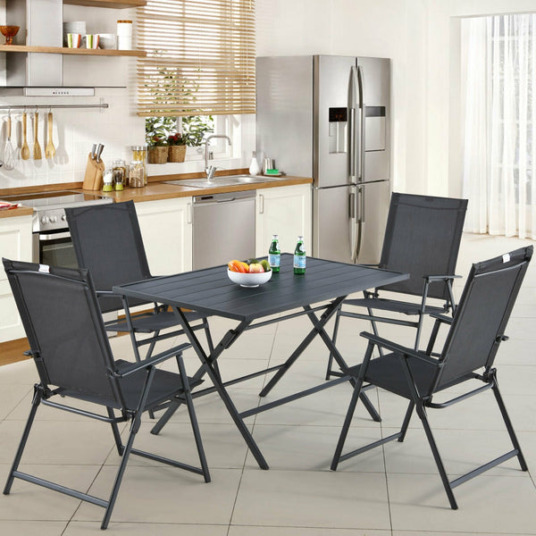 5 Piece Patio Dining Set Metal Frame Outdoor Folding Table with Mesh Fabric Armchairs & Umbrella Hole, No Assembly, Space-Saving Dining Furniture Set