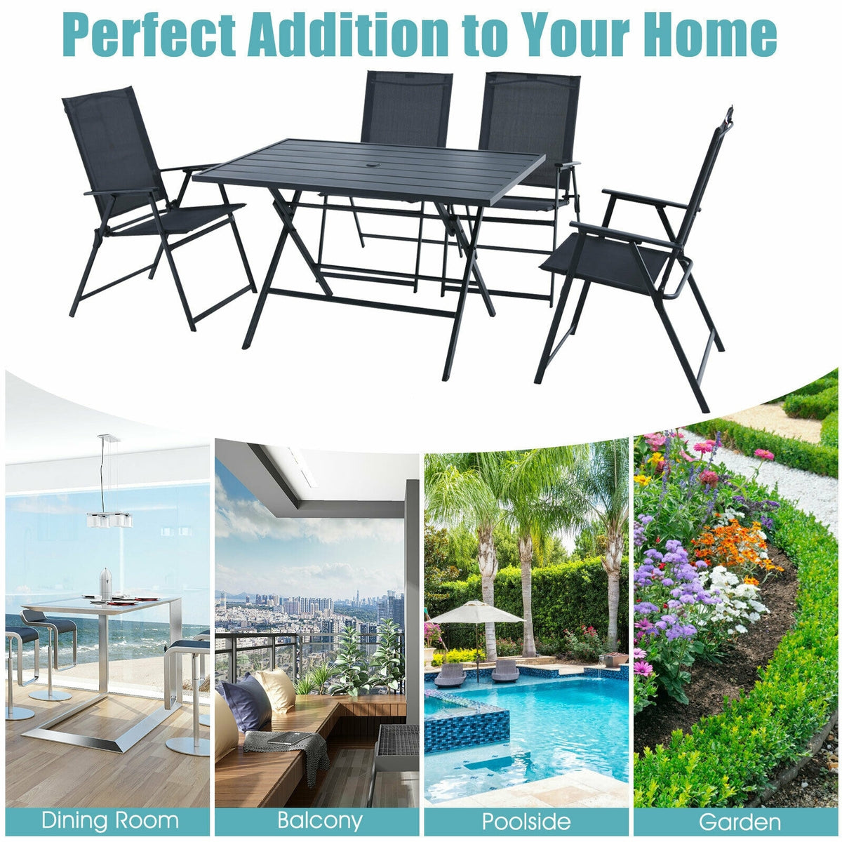 5 Piece Patio Dining Set Metal Frame Outdoor Folding Table with Mesh Fabric Armchairs & Umbrella Hole, No Assembly, Space-Saving Dining Furniture Set