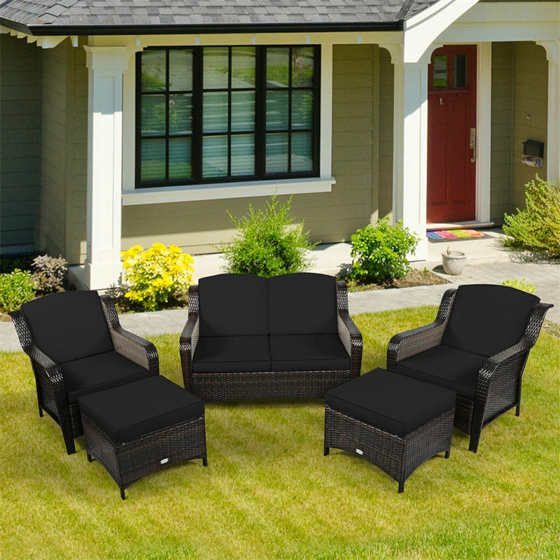 5 Piece Patio Rattan Furniture Set with Loveseat, 2 Cushioned Chairs & 2 Ottomans, Outdoor Wicker Conversation Set for Backyard, Balcony