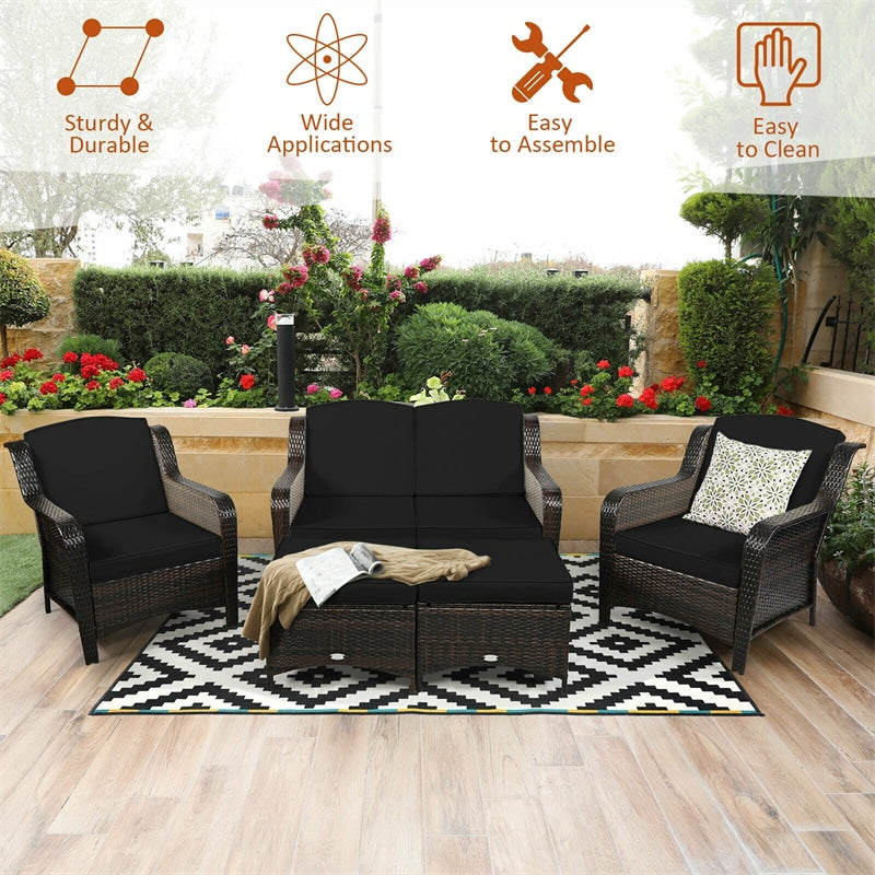 5 Piece Patio Rattan Furniture Set Sectional Sofa Set with Cushions, 2 Ottomans & Loveseat, Outdoor Wicker Conversation Set for Backyard