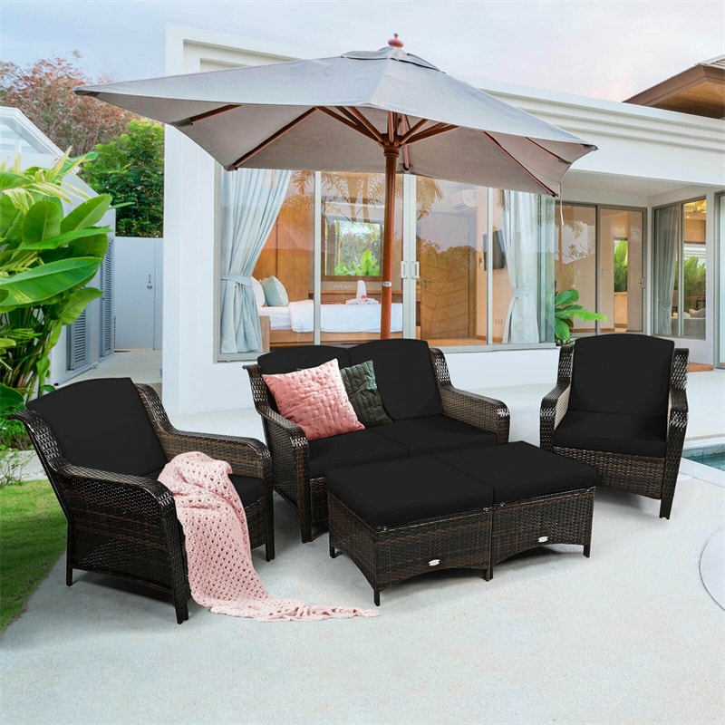 5 Piece Patio Rattan Furniture Set with Loveseat, 2 Cushioned Chairs & 2 Ottomans, Outdoor Wicker Conversation Set for Backyard, Balcony