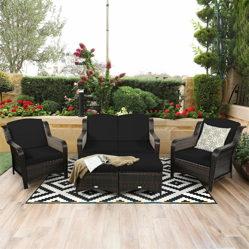 5 Piece Patio Rattan Furniture Set Sectional Sofa Set with Cushions, 2 Ottomans & Loveseat, Outdoor Wicker Conversation Set for Backyard