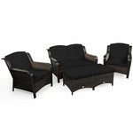 5 Piece Patio Rattan Furniture Set with Loveseat, 2 Cushioned Chairs & 2 Ottomans, Outdoor Wicker Conversation Set for Backyard, Balcony