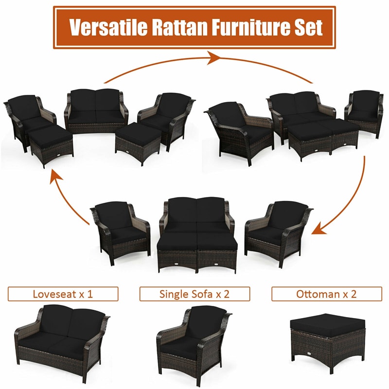 5 Piece Patio Rattan Furniture Set Sectional Sofa Set with Cushions, 2 Ottomans & Loveseat, Outdoor Wicker Conversation Set for Backyard