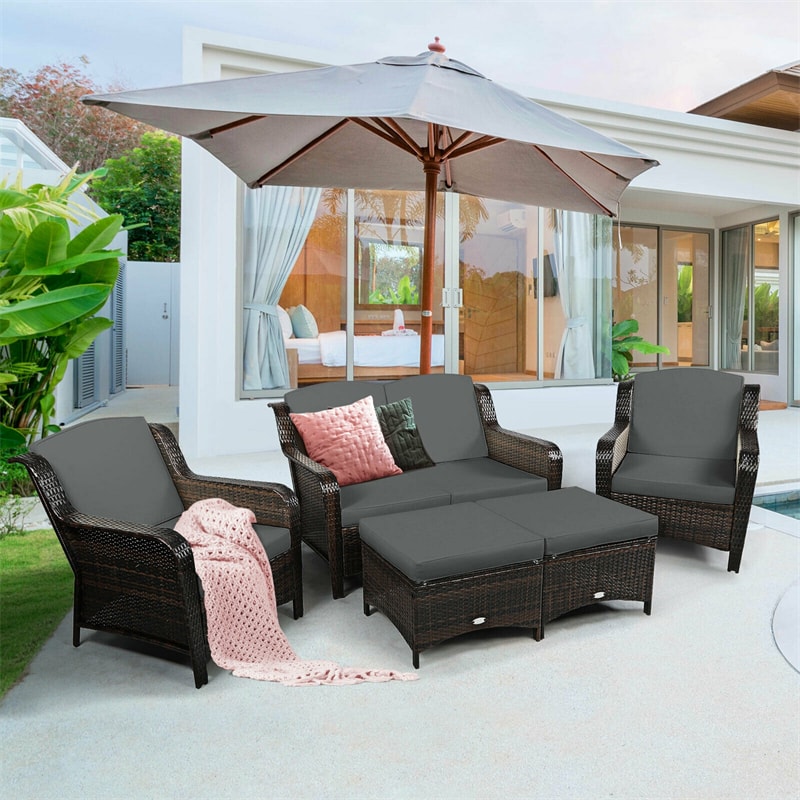 5 Piece Patio Rattan Furniture Set with Loveseat, 2 Cushioned Chairs & 2 Ottomans, Outdoor Wicker Conversation Set for Backyard, Balcony