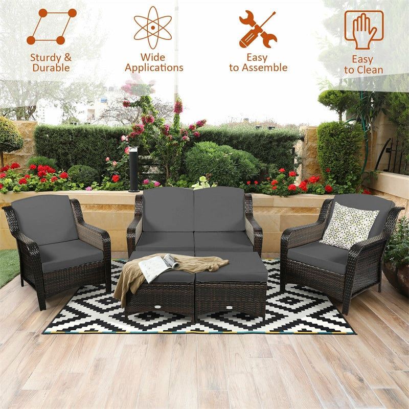 5 Piece Patio Rattan Furniture Set Sectional Sofa Set with Cushions, 2 Ottomans & Loveseat, Outdoor Wicker Conversation Set for Backyard