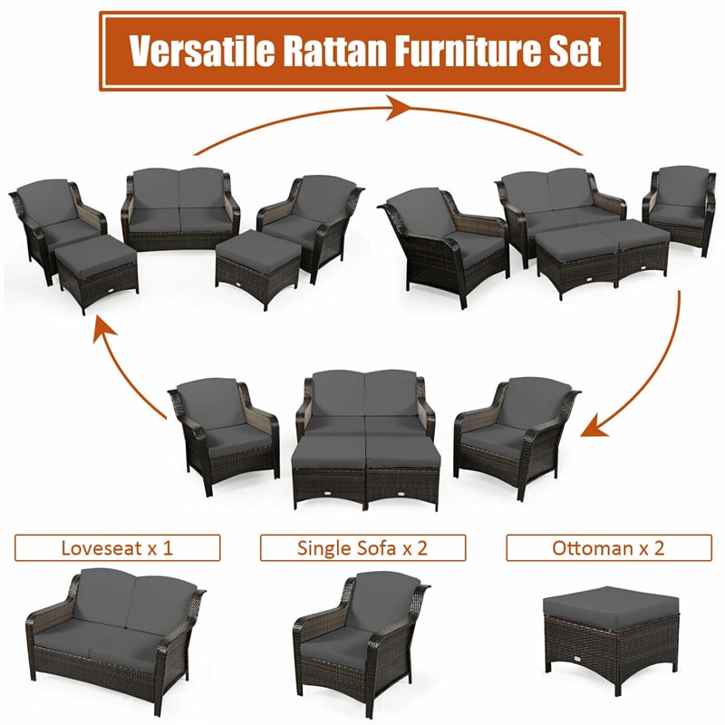 5 Piece Patio Rattan Furniture Set with Loveseat, 2 Cushioned Chairs & 2 Ottomans, Outdoor Wicker Conversation Set for Backyard, Balcony