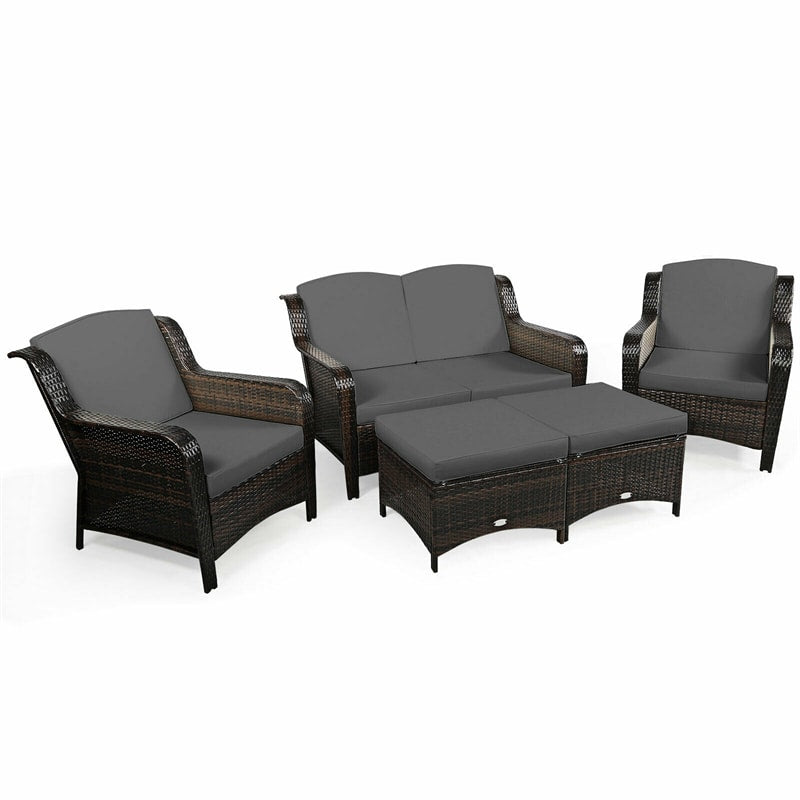 5 Piece Patio Rattan Furniture Set with Loveseat, 2 Cushioned Chairs & 2 Ottomans, Outdoor Wicker Conversation Set for Backyard, Balcony