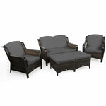 5 Piece Patio Rattan Furniture Set Sectional Sofa Set with Cushions, 2 Ottomans & Loveseat, Outdoor Wicker Conversation Set for Backyard