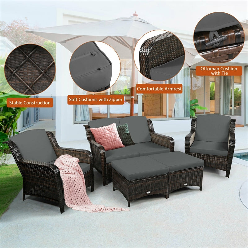 5 Piece Patio Rattan Furniture Set with Loveseat, 2 Cushioned Chairs & 2 Ottomans, Outdoor Wicker Conversation Set for Backyard, Balcony