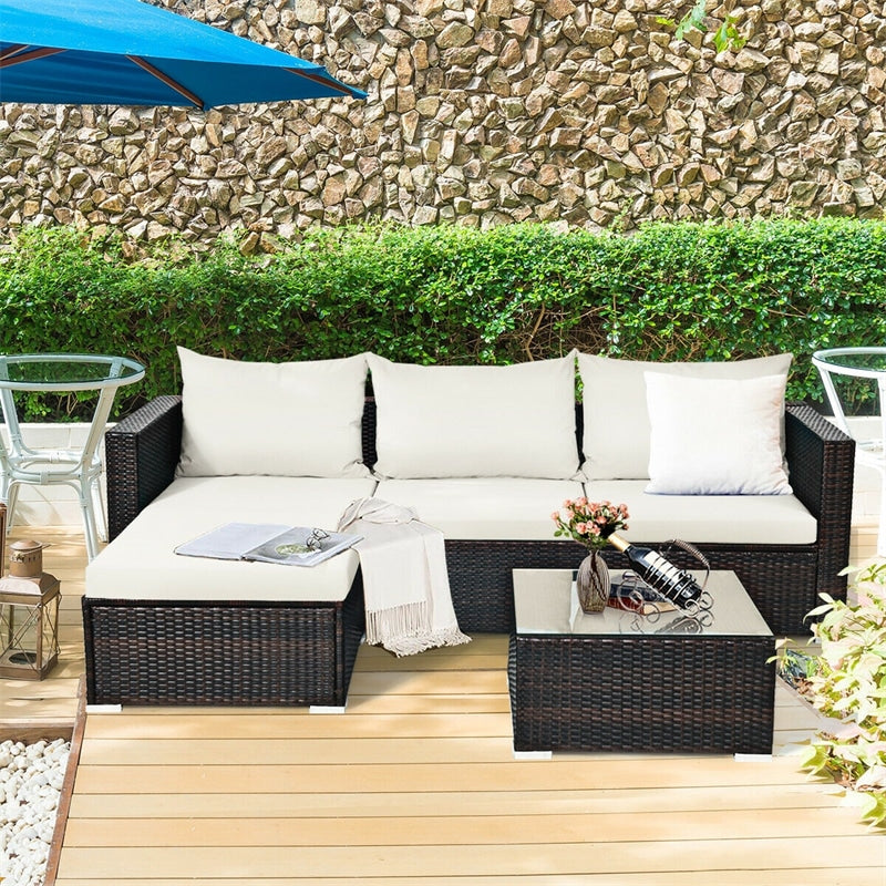 5 Piece Wicker Outdoor Sectional Sofa Rattan Patio Conversation Set with Coffee Table & Cushions