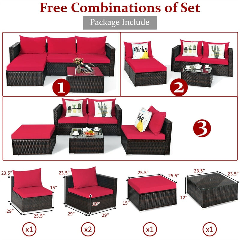 5 Piece Wicker Outdoor Sectional Sofa Rattan Patio Conversation Set with Coffee Table & Cushions