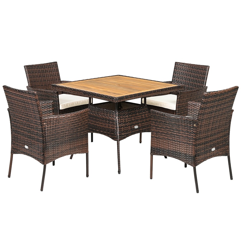 5 Piece Wicker Patio Dining Table Set Rattan Furniture Set with Cushioned Armchairs & Umbrella Hole