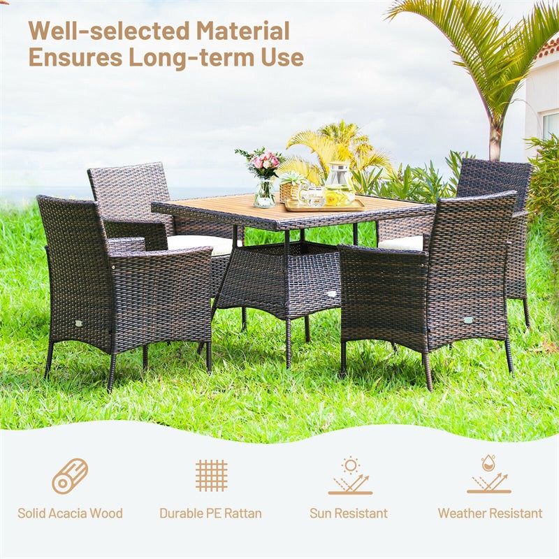 5 Piece Wicker Patio Dining Table Set Rattan Furniture Set with Cushioned Armchairs & Umbrella Hole