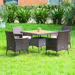 5 Piece Wicker Patio Dining Table Set Rattan Furniture Set with Cushioned Armchairs & Umbrella Hole