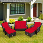 5 Piece Patio Rattan Furniture Set with Loveseat, 2 Cushioned Chairs & 2 Ottomans, Outdoor Wicker Conversation Set for Backyard, Balcony