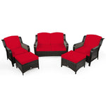 5 Piece Patio Rattan Furniture Set Sectional Sofa Set with Cushions, 2 Ottomans & Loveseat, Outdoor Wicker Conversation Set for Backyard