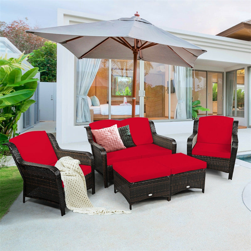 5 Piece Patio Rattan Furniture Set Sectional Sofa Set with Cushions, 2 Ottomans & Loveseat, Outdoor Wicker Conversation Set for Backyard