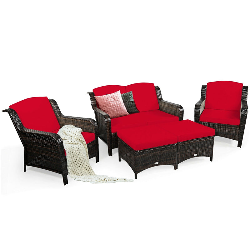 5 Piece Patio Rattan Furniture Set with Loveseat, 2 Cushioned Chairs & 2 Ottomans, Outdoor Wicker Conversation Set for Backyard, Balcony