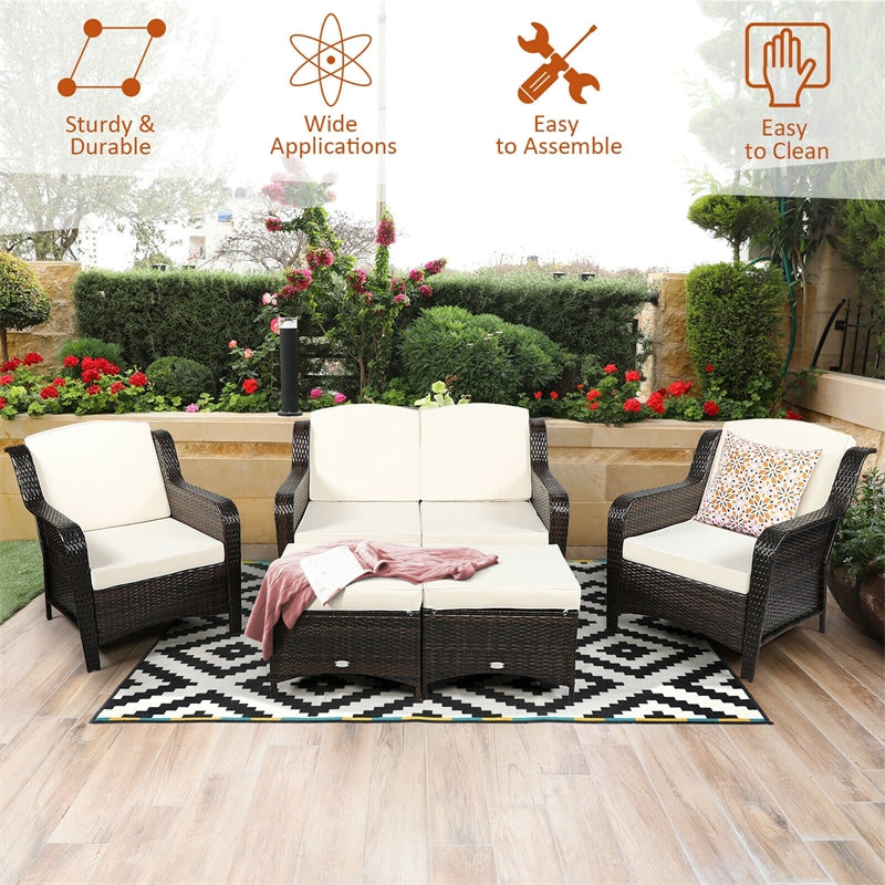 5 Piece Patio Rattan Furniture Set with Loveseat, 2 Cushioned Chairs & 2 Ottomans, Outdoor Wicker Conversation Set for Backyard, Balcony