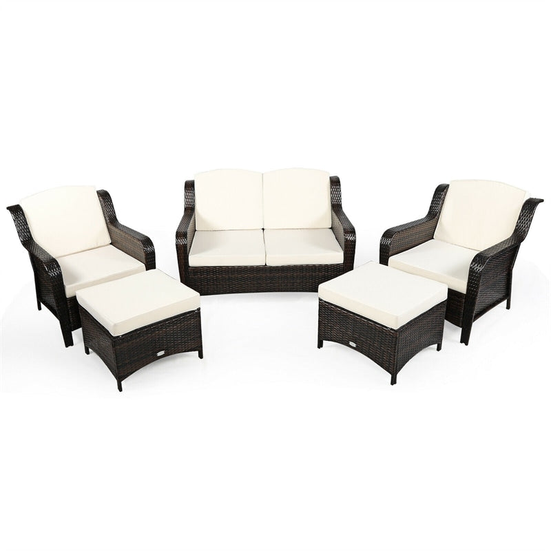 5 Piece Patio Rattan Furniture Set with Loveseat, 2 Cushioned Chairs & 2 Ottomans, Outdoor Wicker Conversation Set for Backyard, Balcony