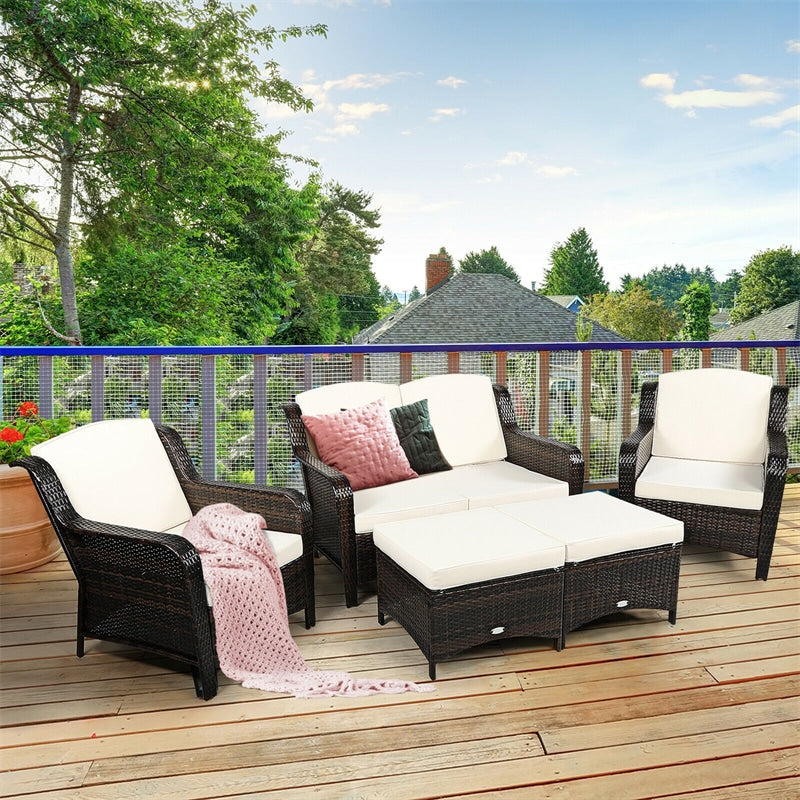 5 Piece Patio Rattan Furniture Set with Loveseat, 2 Cushioned Chairs & 2 Ottomans, Outdoor Wicker Conversation Set for Backyard, Balcony