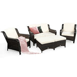 5 Piece Patio Rattan Furniture Set with Loveseat, 2 Cushioned Chairs & 2 Ottomans, Outdoor Wicker Conversation Set for Backyard, Balcony