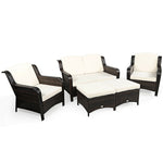 5 Piece Patio Rattan Furniture Set with Loveseat, 2 Cushioned Chairs & 2 Ottomans, Outdoor Wicker Conversation Set for Backyard, Balcony