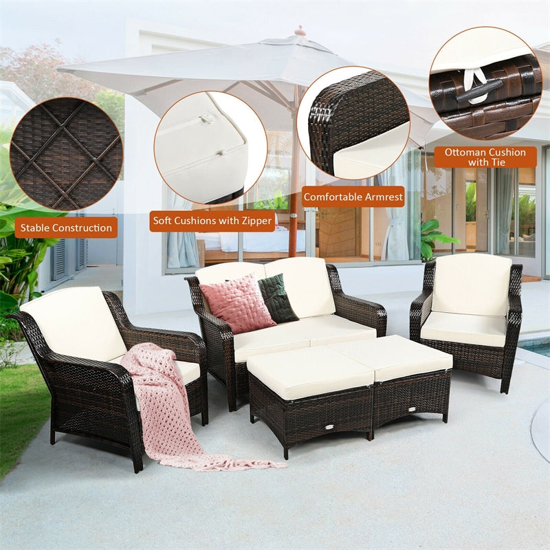 5 Piece Patio Rattan Furniture Set with Loveseat, 2 Cushioned Chairs & 2 Ottomans, Outdoor Wicker Conversation Set for Backyard, Balcony