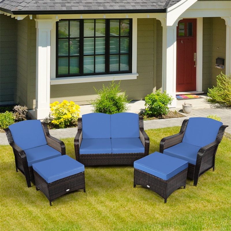 5 Piece Patio Rattan Furniture Set with Loveseat, 2 Cushioned Chairs & 2 Ottomans, Outdoor Wicker Conversation Set for Backyard, Balcony