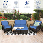 5 Piece Patio Rattan Furniture Set with Loveseat, 2 Cushioned Chairs & 2 Ottomans, Outdoor Wicker Conversation Set for Backyard, Balcony