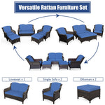 5 Piece Patio Rattan Furniture Set with Loveseat, 2 Cushioned Chairs & 2 Ottomans, Outdoor Wicker Conversation Set for Backyard, Balcony