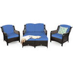 5 Piece Patio Rattan Furniture Set with Loveseat, 2 Cushioned Chairs & 2 Ottomans, Outdoor Wicker Conversation Set for Backyard, Balcony