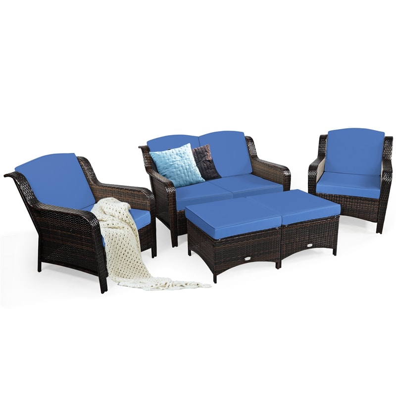 5 Piece Patio Rattan Furniture Set with Loveseat, 2 Cushioned Chairs & 2 Ottomans, Outdoor Wicker Conversation Set for Backyard, Balcony