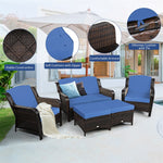 5 Piece Patio Rattan Furniture Set with Loveseat, 2 Cushioned Chairs & 2 Ottomans, Outdoor Wicker Conversation Set for Backyard, Balcony