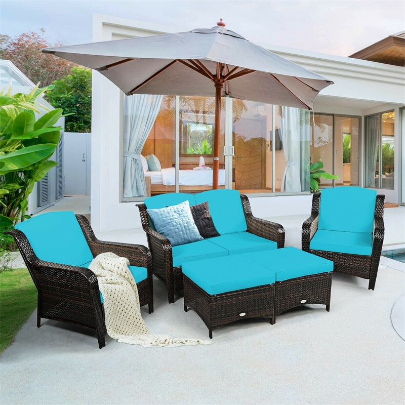 5 Piece Patio Rattan Furniture Set with Loveseat, 2 Cushioned Chairs & 2 Ottomans, Outdoor Wicker Conversation Set for Backyard, Balcony